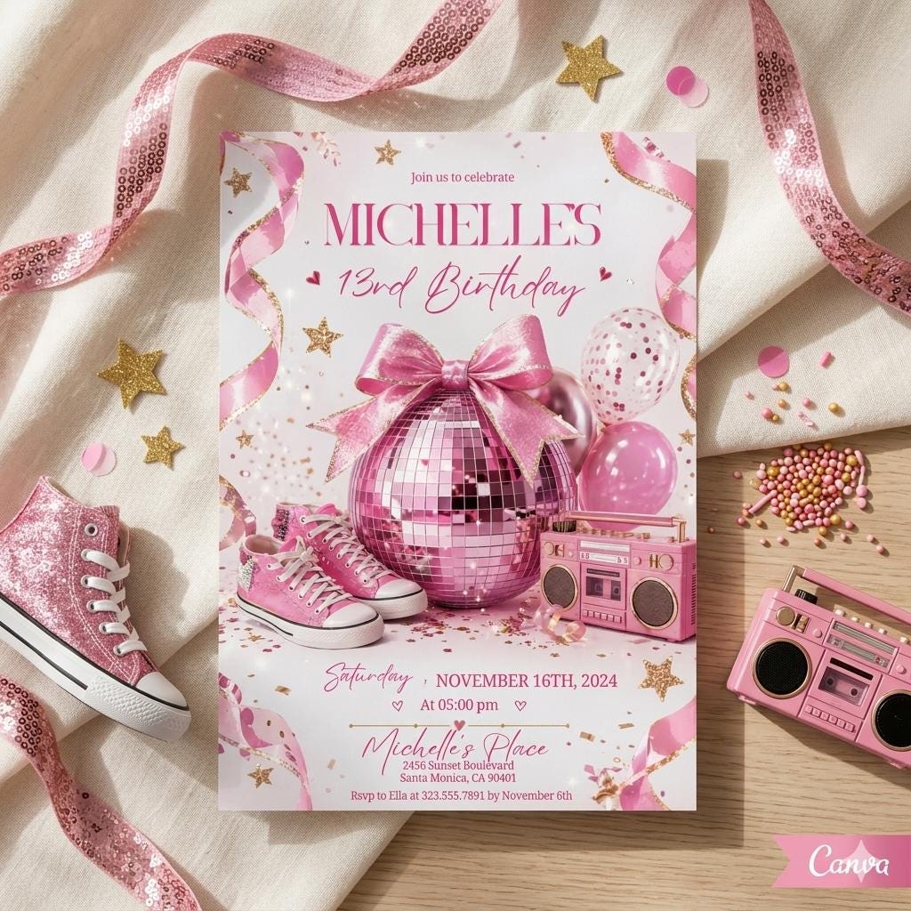 Disco 13th Birthday Invitation Girl, Disco Ball Invite Template for 13 Birthday Party, Pink Bow Disco Ball Theme, Editable Canva Template