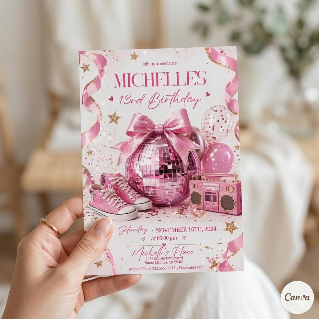 Disco 13th Birthday Invitation Girl, Disco Ball Invite Template for 13 Birthday Party, Pink Bow Disco Ball Theme, Editable Canva Template