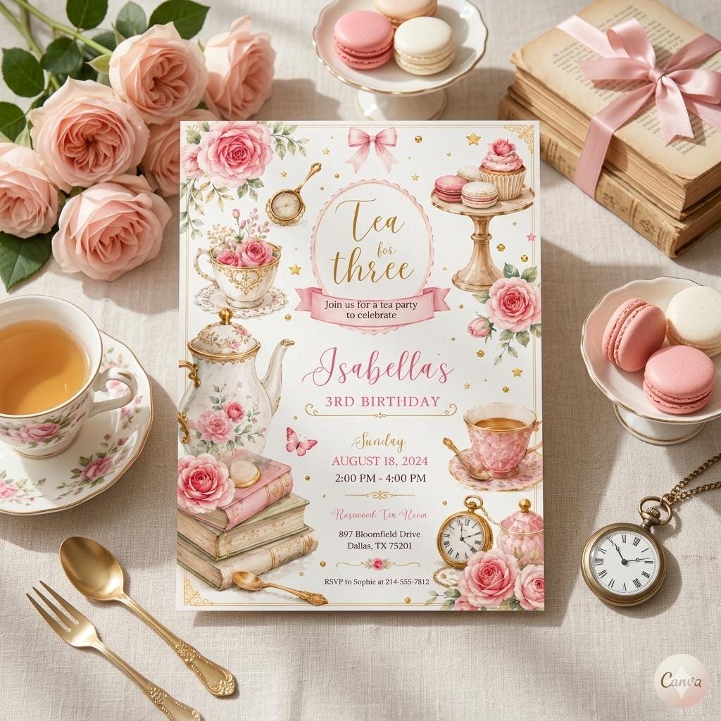 tEditable Tea For Three Birthday Invitation Tea For Three 3rd Birthday Party Pink Gold Floral Whimsical Tea Party, Canva Template