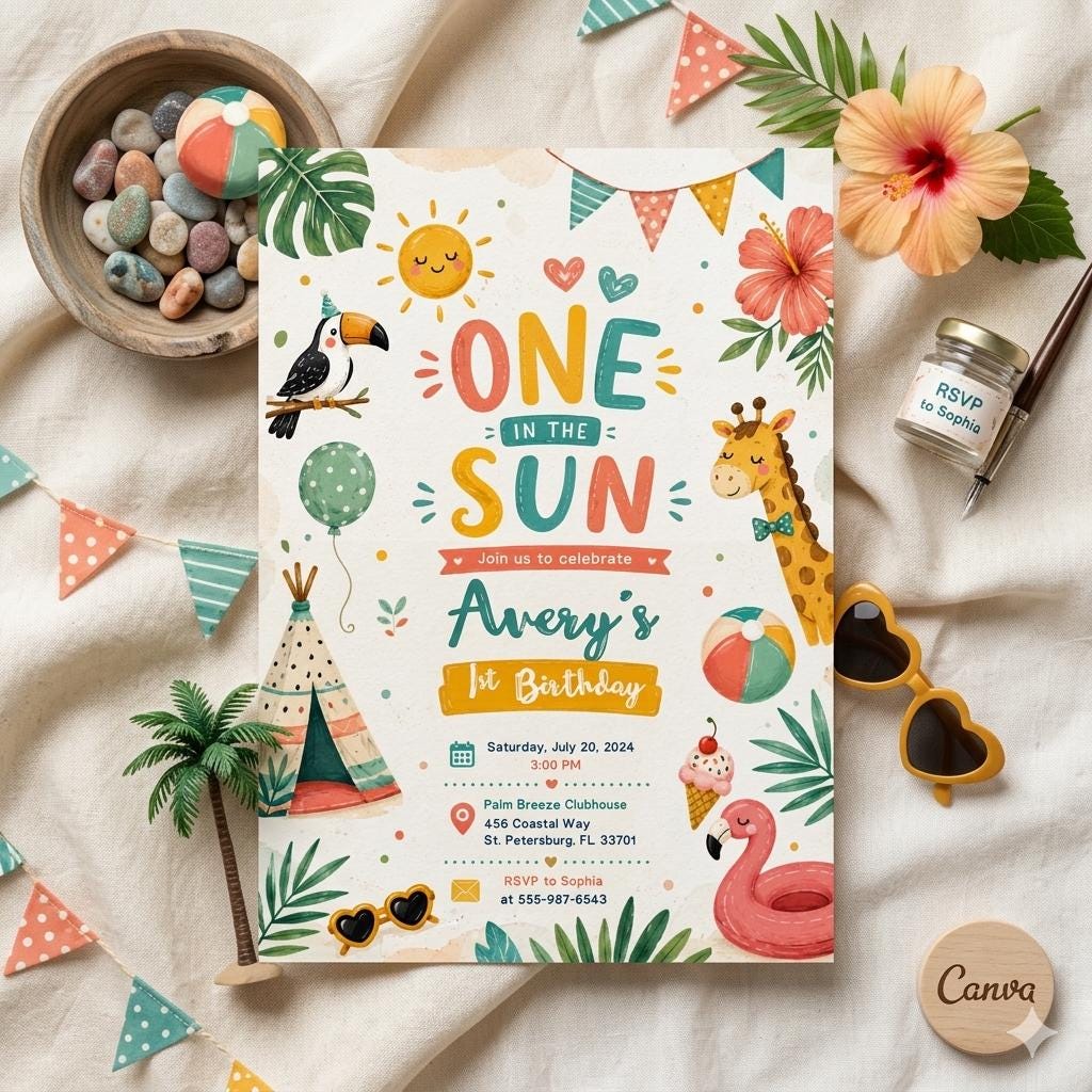 One In The Sun 1st Birthday Pool Party Editable Invitation Summer, Tropical Swimming Splash Pad Party, Editable Canva Invitation Template