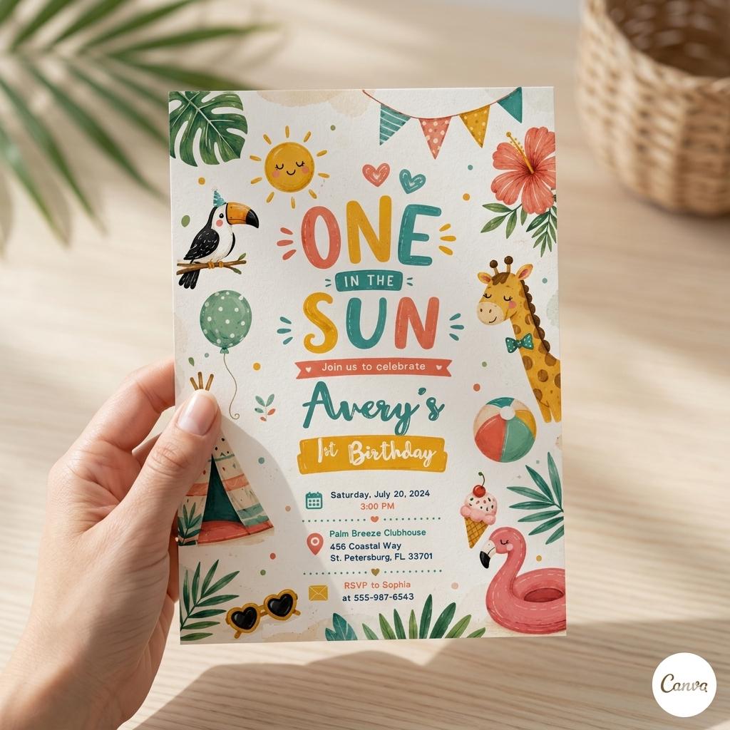 One In The Sun 1st Birthday Pool Party Editable Invitation Summer, Tropical Swimming Splash Pad Party, Editable Canva Invitation Template