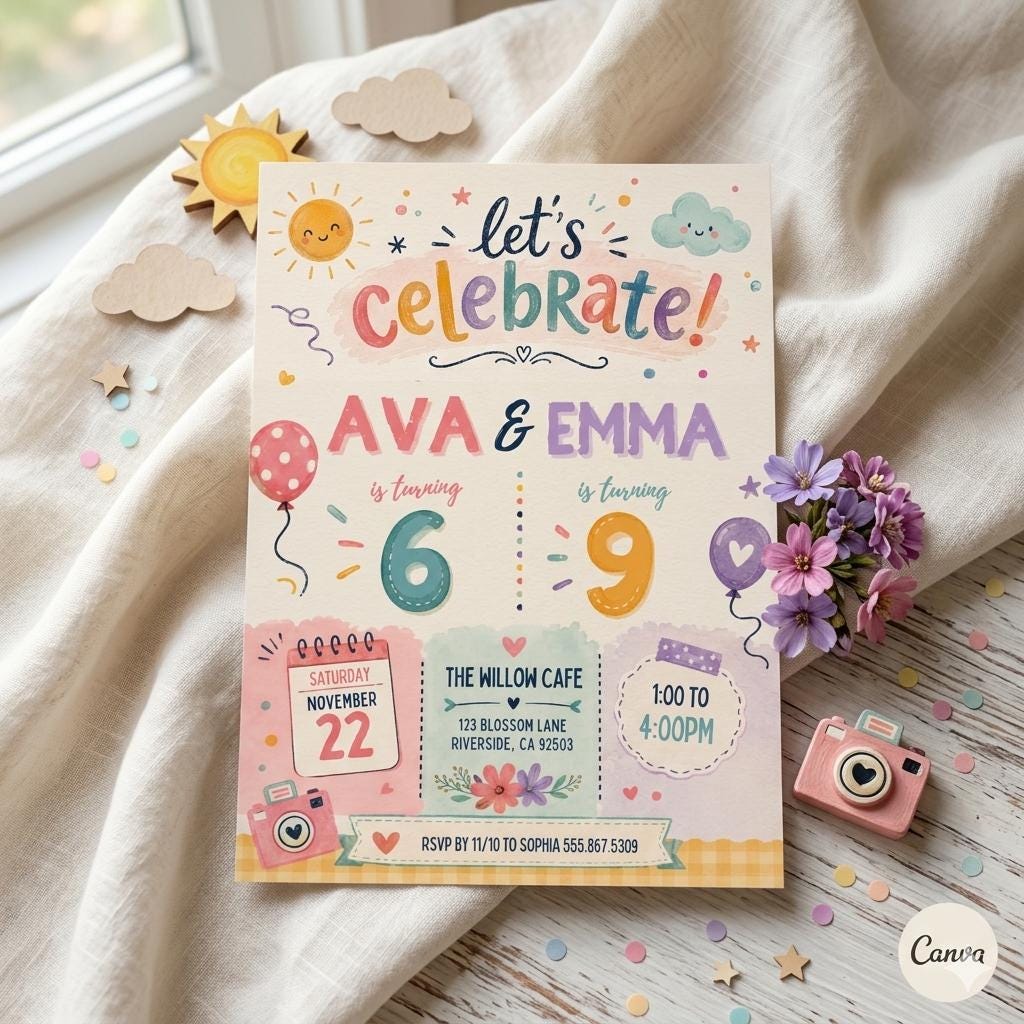 Joint Birthday Invitation, Double Celebration Joint Birthday Invitation Editable Sibling Party Editable Template (Digital Download)