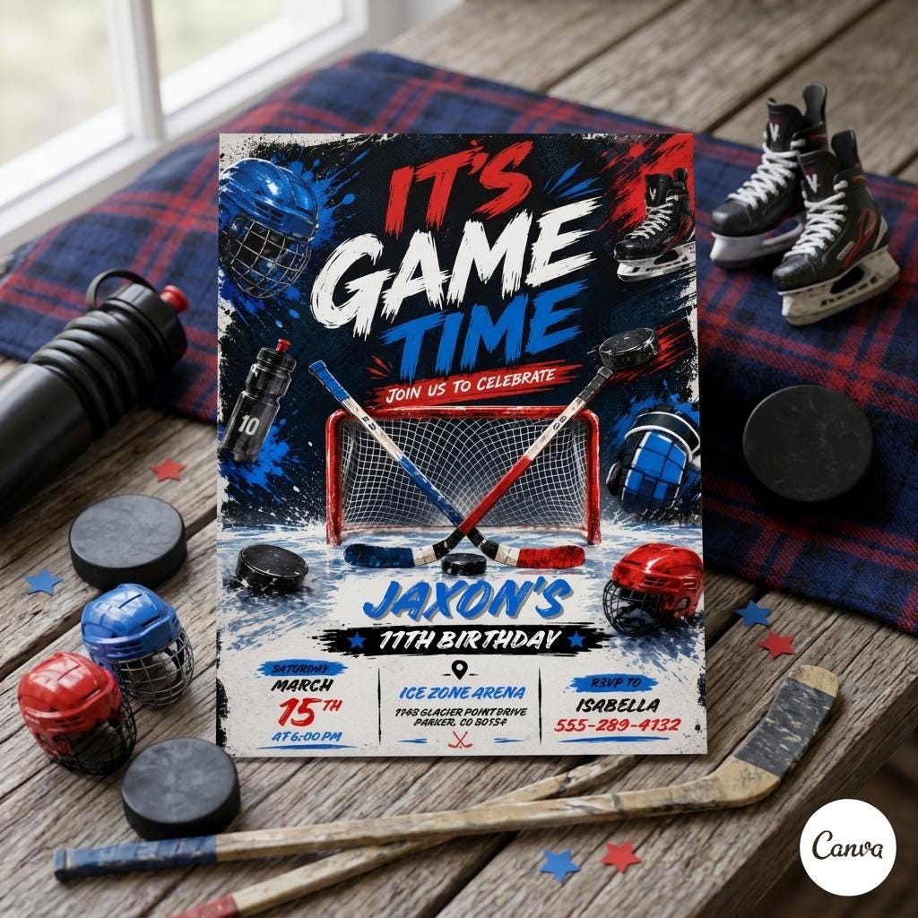 Ice Hockey Birthday Invitation Template, Its Game Time Hockey Stadium Party Invite Boy, Editable Neon Hockey Canva Instant Download