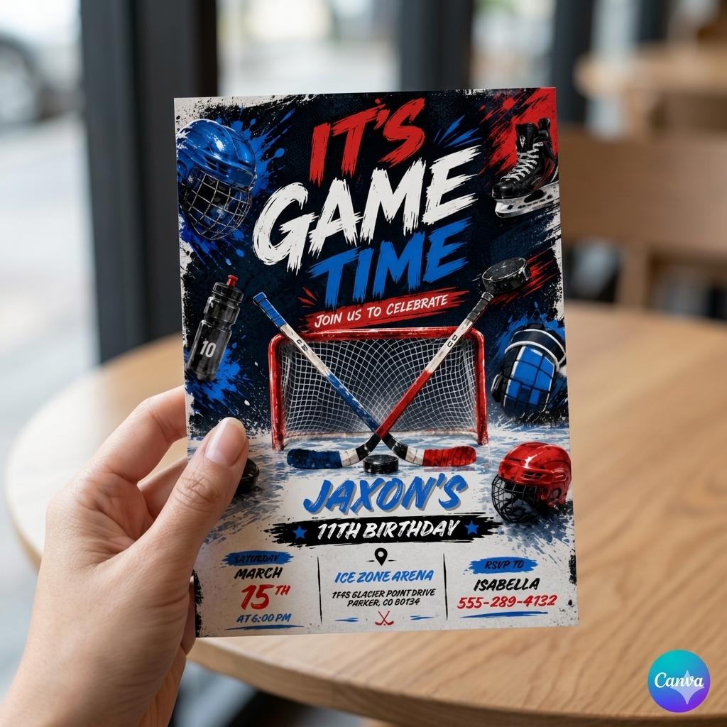 Ice Hockey Birthday Invitation Template, Its Game Time Hockey Stadium Party Invite Boy, Editable Neon Hockey Canva Instant Download