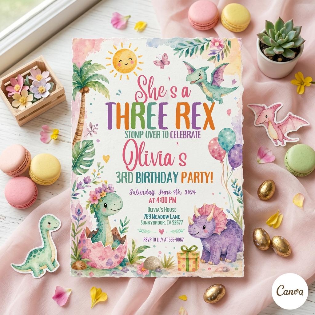 Three Rex Birthday Dinosaur Birthday, T Rex Invite, Pastel Dinosaur Birthday Invitation Three Rex 3rd Birthday , Editable Canva Template