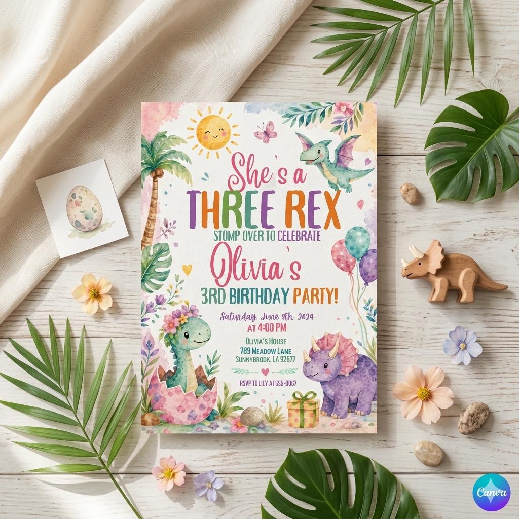 Three Rex Birthday Dinosaur Birthday, T Rex Invite, Pastel Dinosaur Birthday Invitation Three Rex 3rd Birthday , Editable Canva Template