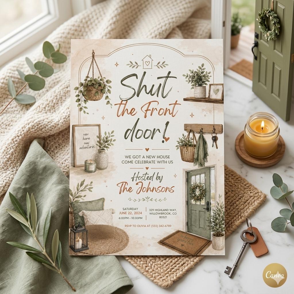 House Warming Invitation, Housewarming Invitation, Housewarming Party Invite, Modern Minimalistic, Shut The Front Door, Editable Canva