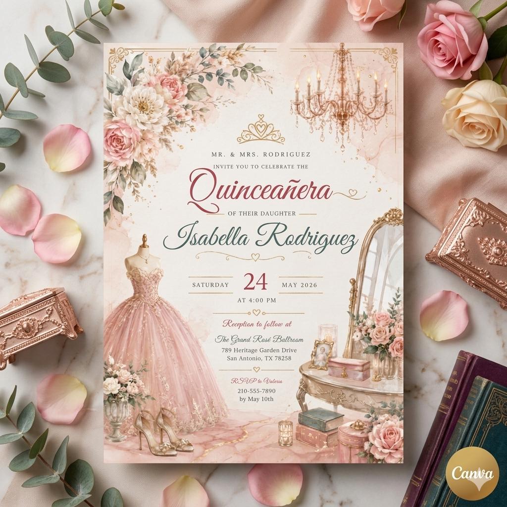 Editable Quinceañera Invitation Template: Pink Floral Ball Gown Design (Digital Download)