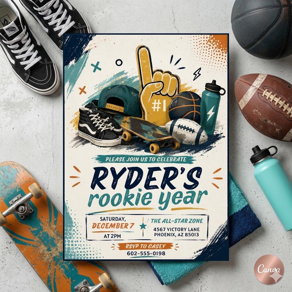 Sports Rookie Year Birthday Invitation Template, Sports Baseball Birthday, Rookie Of The Year Invite Baseball Birthday Party, Canva Template