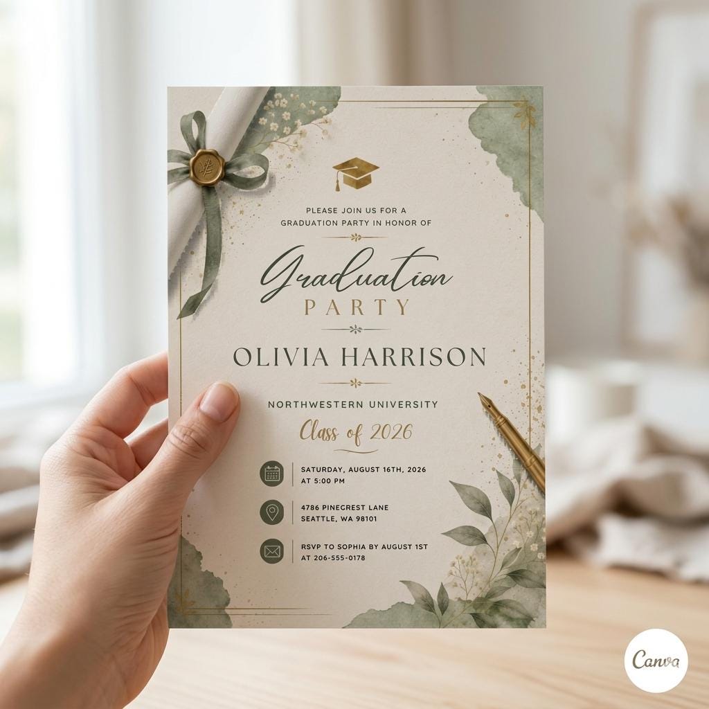 Editable Black Bow Graduation Party Invitation, Graduation Announcement Template, Minimalist Graduation Invitation, Grad Party Invite, Canva