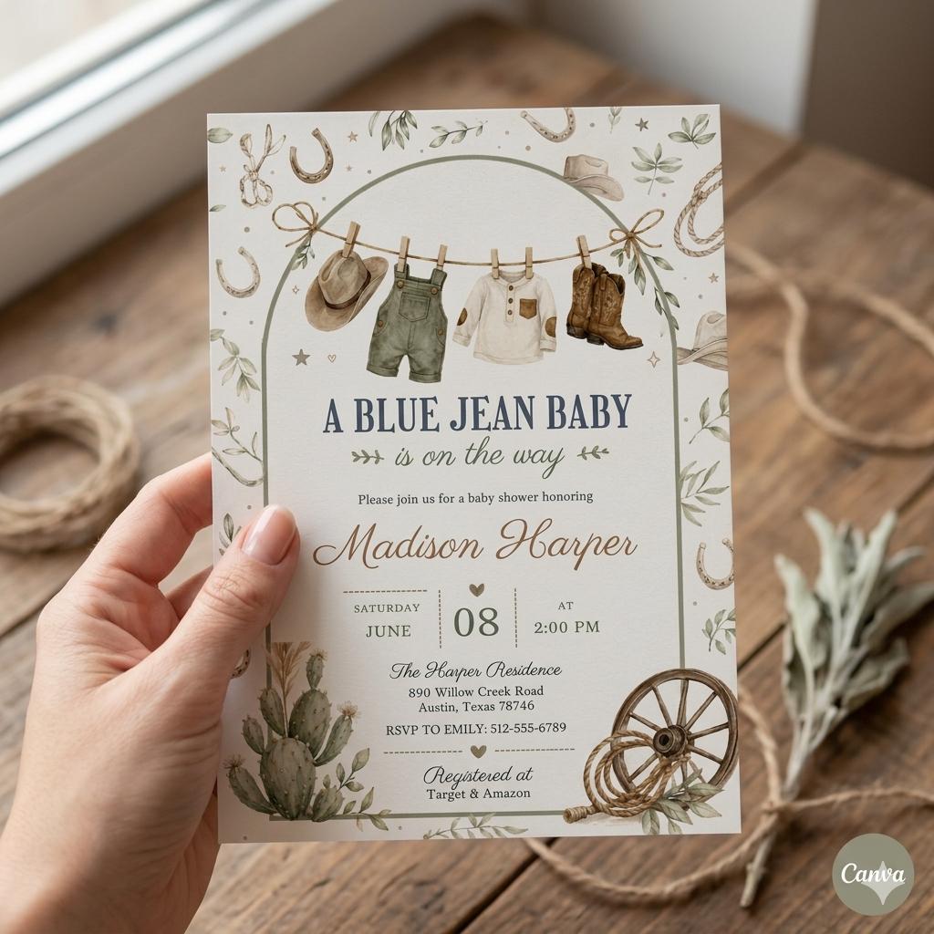 Blue Jean Baby Shower Invitation: Western Theme,Boho Western Cowboy Denim Shower Invite Boy , Editable Canva Template (Digital Download)