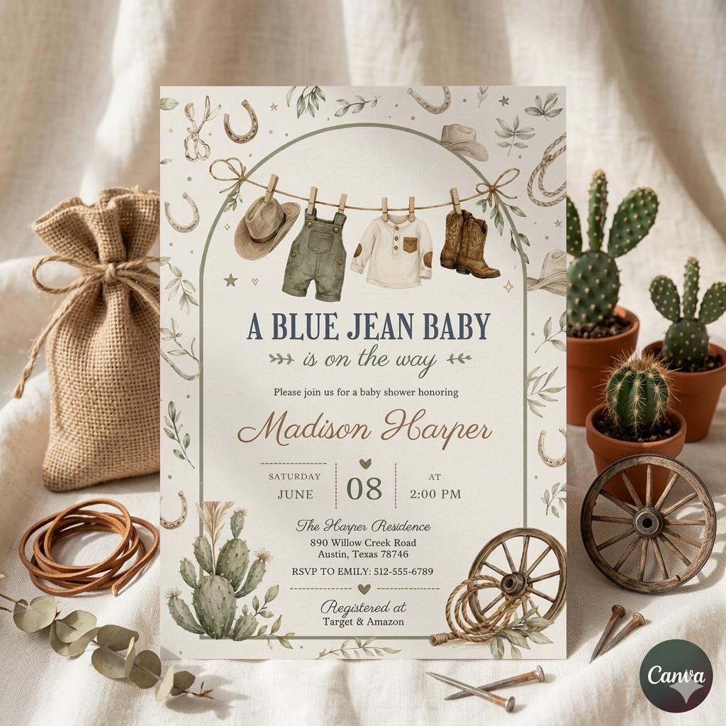 Blue Jean Baby Shower Invitation: Western Theme,Boho Western Cowboy Denim Shower Invite Boy , Editable Canva Template (Digital Download)