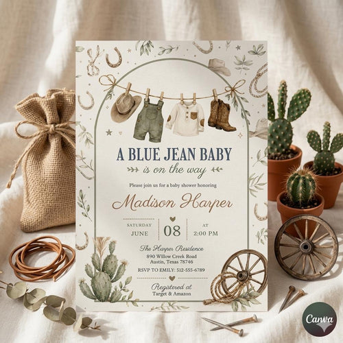 Blue Jean Baby Shower Invitation: Western Theme,Boho Western Cowboy Denim Shower Invite Boy , Editable Canva Template (Digital Download)