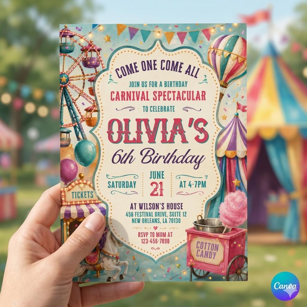 Carnival Birthday Invitation: Colorful Circus Theme Invite, Fun Fair Birthday Template (Editable Canva Template)
