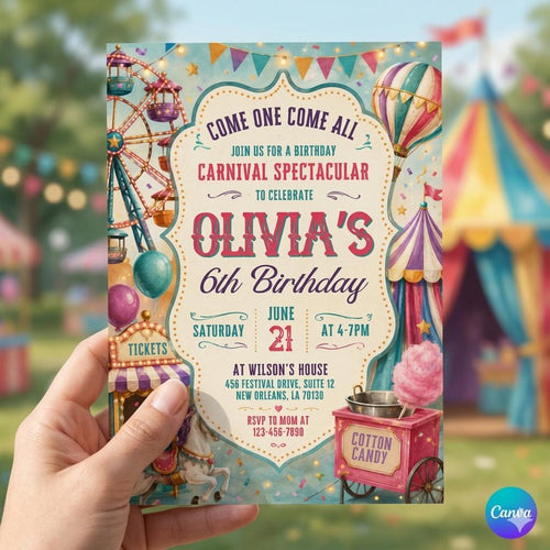 Carnival Birthday Invitation: Colorful Circus Theme Invite, Fun Fair Birthday Template (Editable Canva Template)