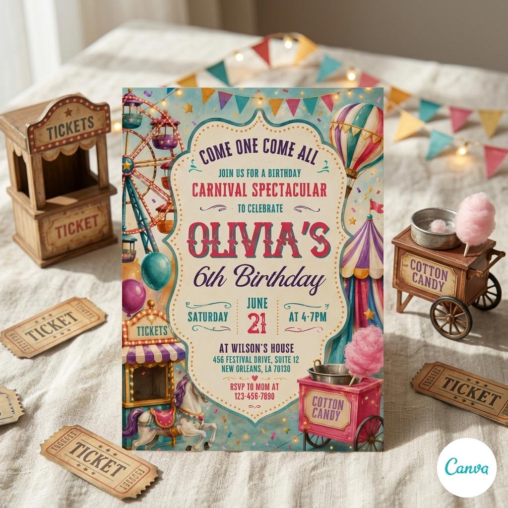 Carnival Birthday Invitation: Colorful Circus Theme Invite, Fun Fair Birthday Template (Editable Canva Template)