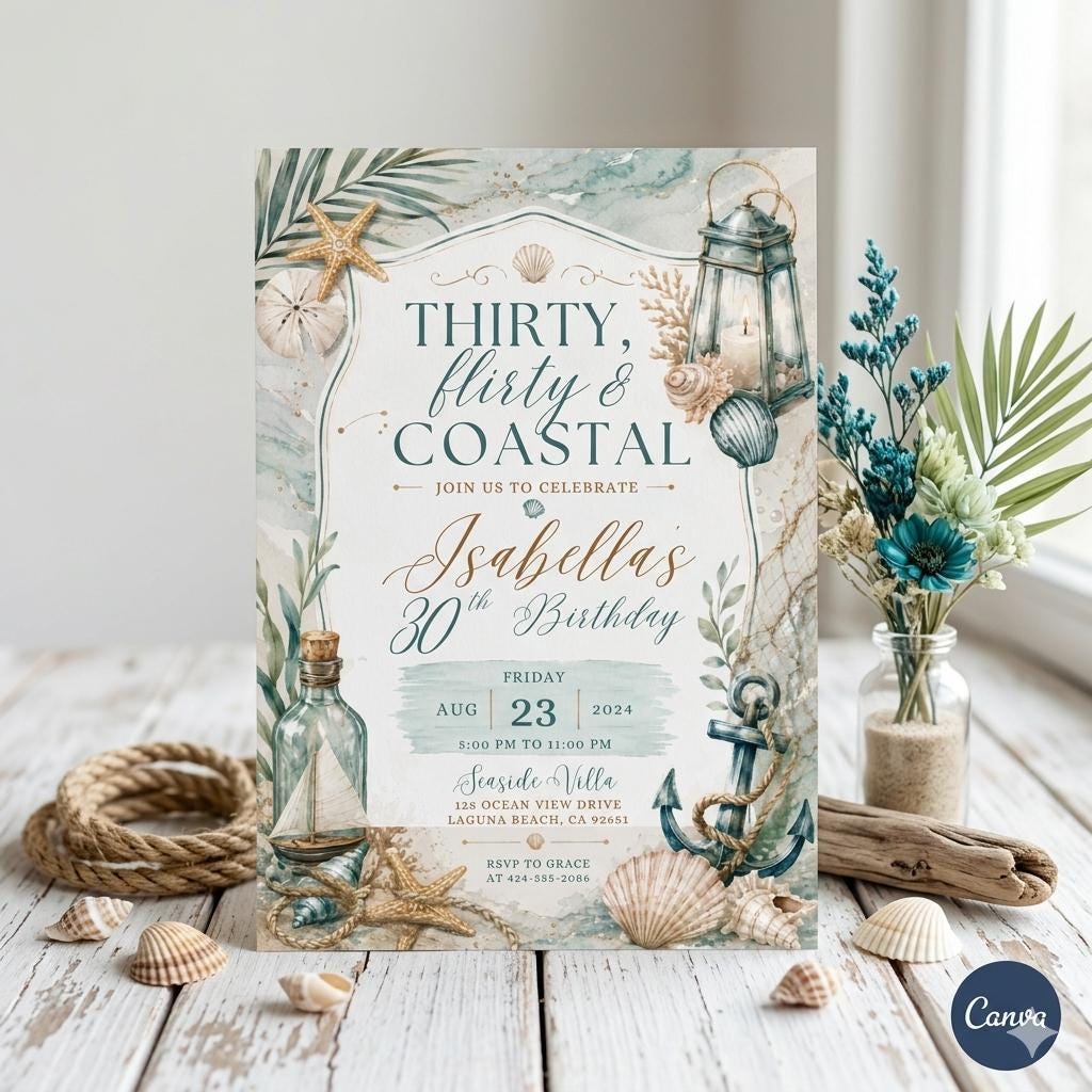 Coastal 30th Birthday Invitation, Seashell 13th Birthday Invitation: Editable Ocean Theme Party Invite (Digital Download)