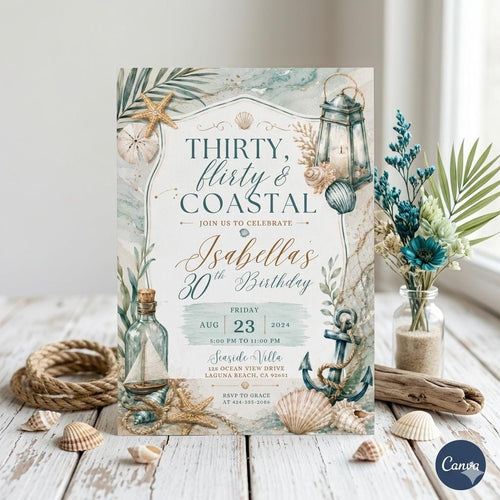 Coastal 30th Birthday Invitation, Seashell 13th Birthday Invitation: Editable Ocean Theme Party Invite (Digital Download)