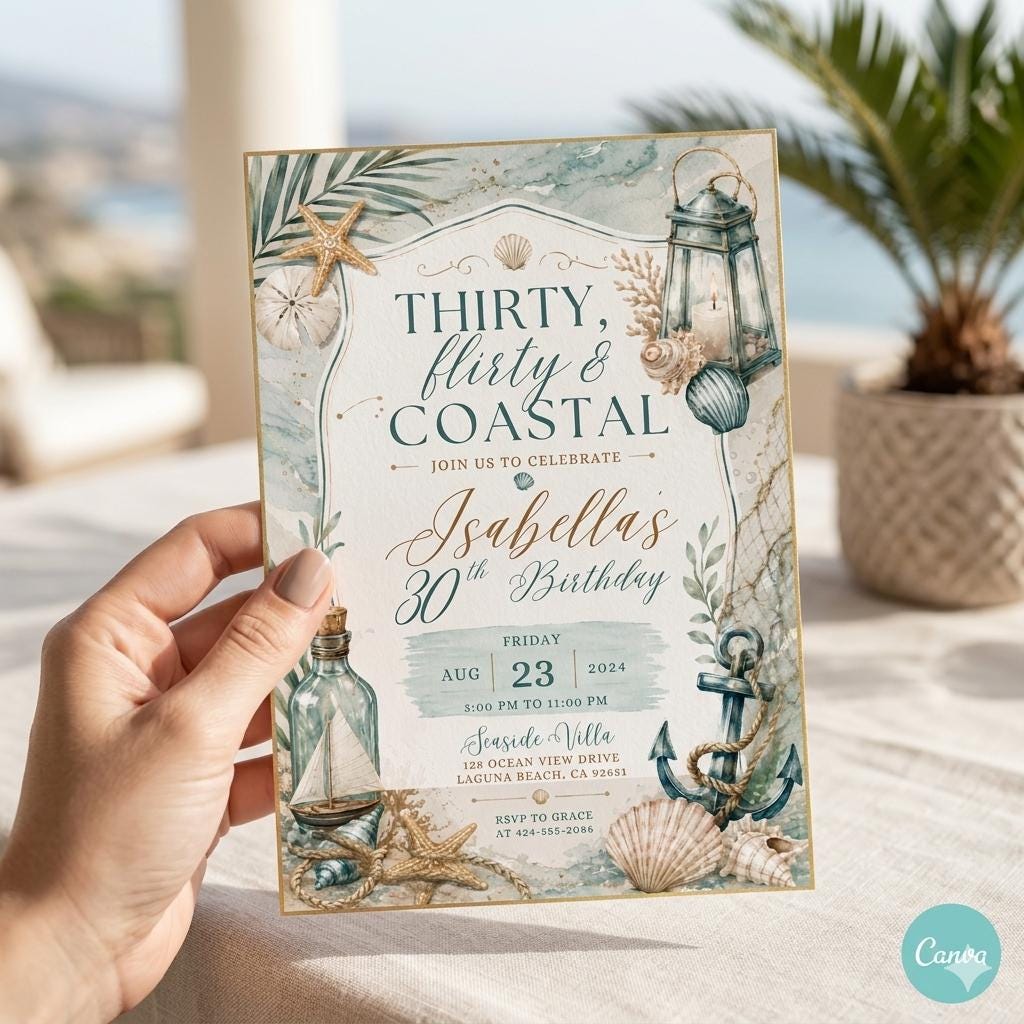 Coastal 30th Birthday Invitation, Seashell 13th Birthday Invitation: Editable Ocean Theme Party Invite (Digital Download)