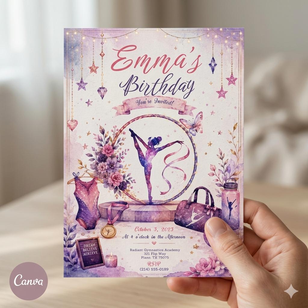 Editable Gymnastics Invitation Gymnastics Birthday Invite Preppy Retro Gymnastics Invitations Gymnastics Party Template Pink Girl Invitation