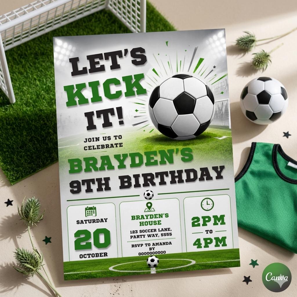 Editable Soccer Birthday Invitation Template, Football Invite, Kids Soccer Invite, Instant Download, Canva. Let's Kick it Soccer Invite