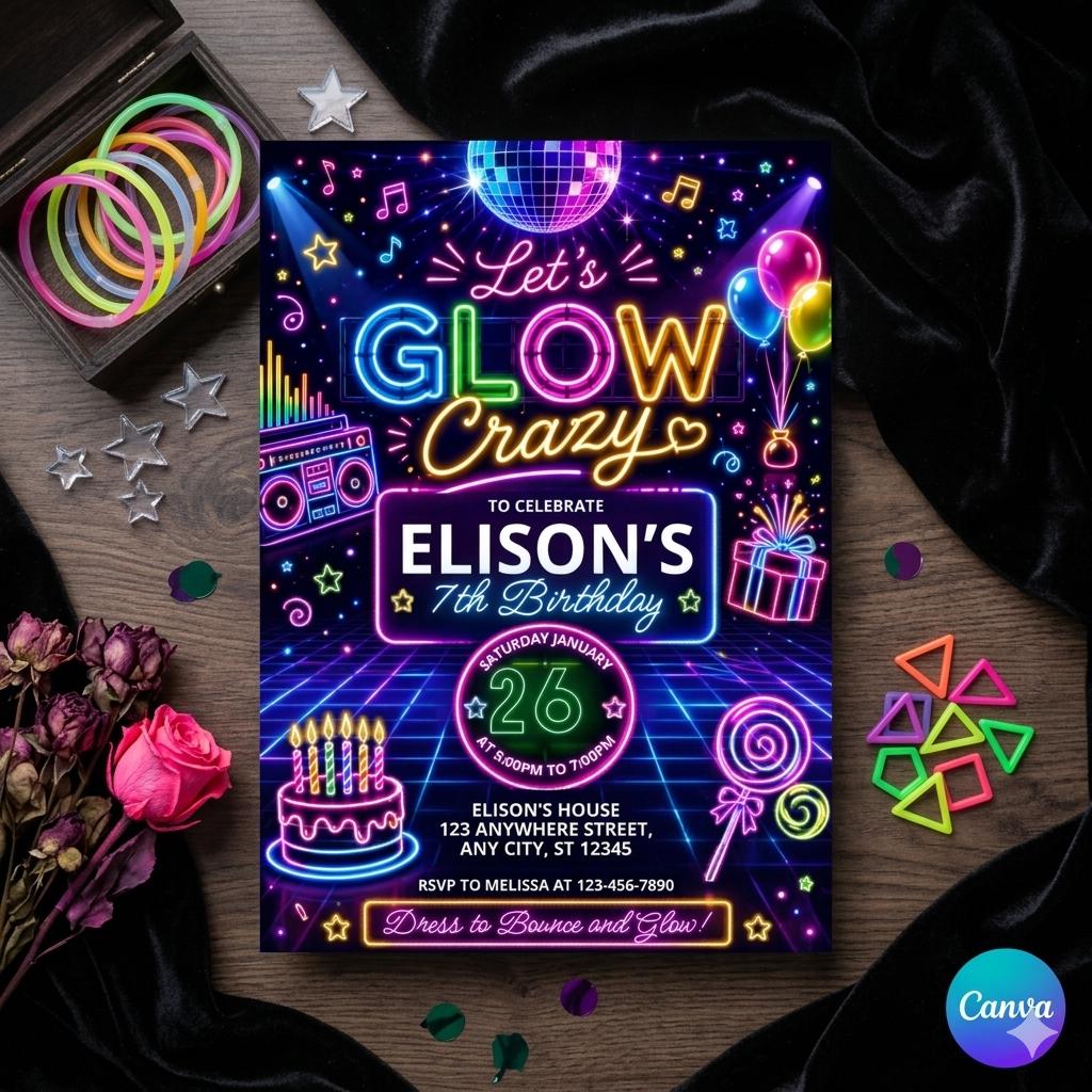 Glow Party Birthday Invitation, Neon Glow Crazy Template (Digital Download)