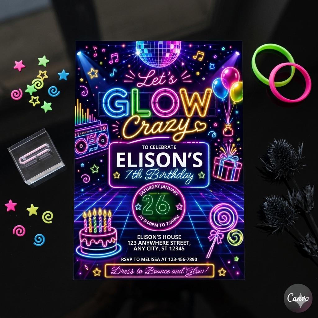 Glow Party Birthday Invitation, Neon Glow Crazy Template (Digital Download)