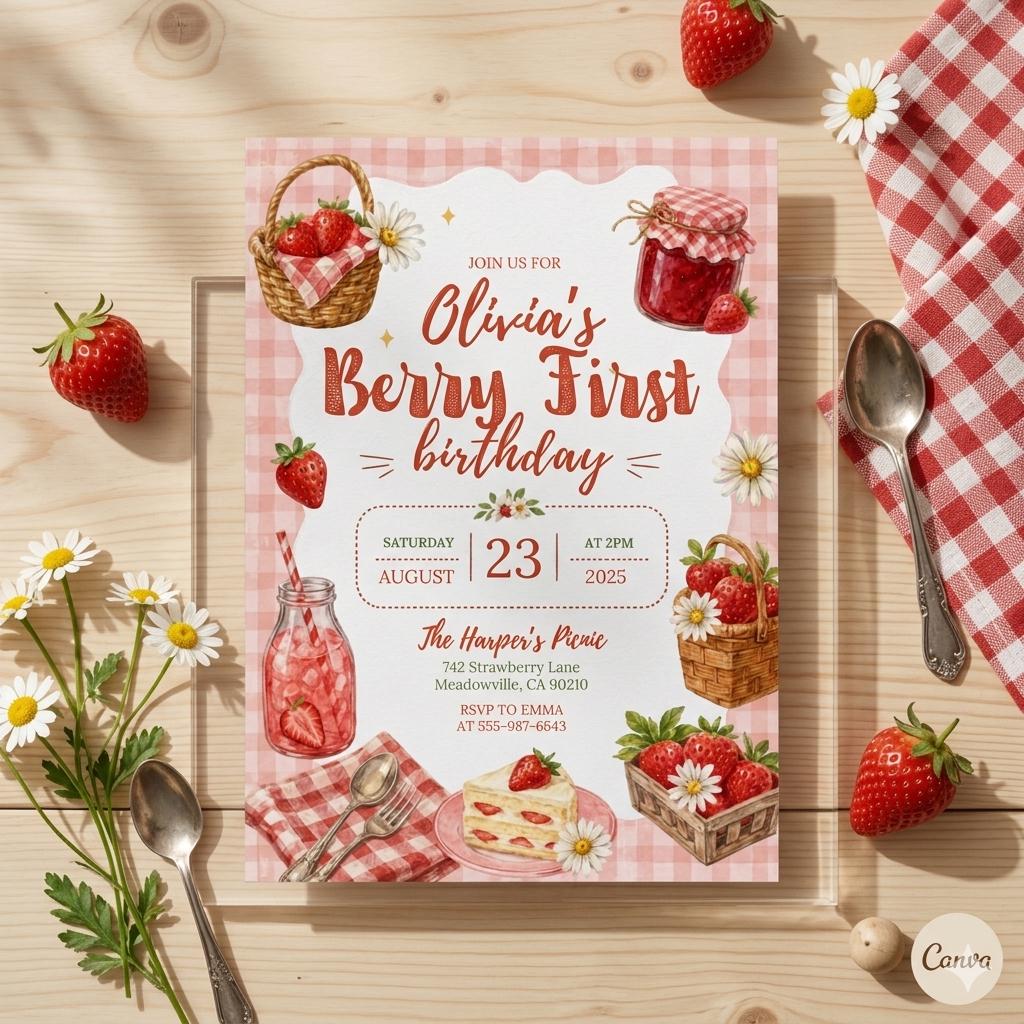 Berry First Birthday Invitation Card Printed, Strawberry 1st Birthday Invite, Baby Girl First Birthday Party Invite Custom Name Card
