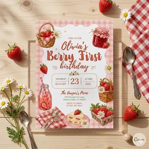 Berry First Birthday Invitation Card Printed, Strawberry 1st Birthday Invite, Baby Girl First Birthday Party Invite Custom Name Card