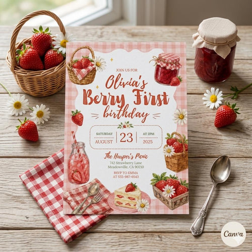 Berry First Birthday Invitation Card Printed, Strawberry 1st Birthday Invite, Baby Girl First Birthday Party Invite Custom Name Card