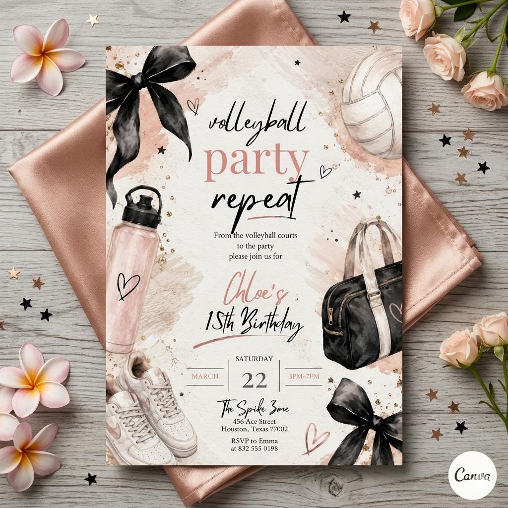 Volleyball Birthday Invitation, Teen Girl Sports Party Invite (Canva Template)