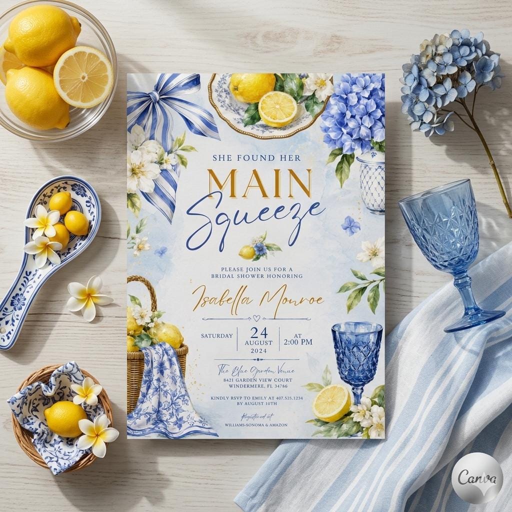 Blue Lemon Bridal Shower Invitation, She Found Her Main Squeeze Template (Digital Download)