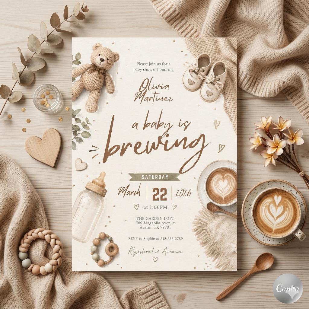 A Baby is Brewing Baby Shower Invitation, Coffee Latte Theme, Editable Canva Template (Digital Download)