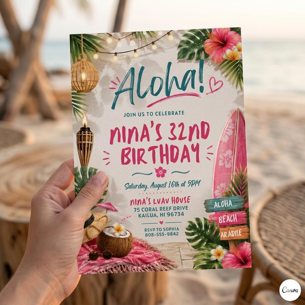 Aloha party invitation, Luau birthday, Hawaiian birthday invite, Canva Template