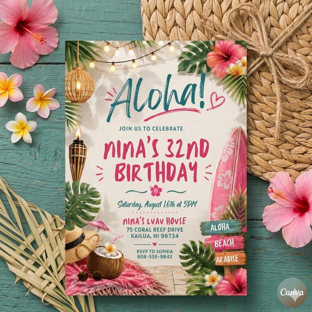 Aloha party invitation, Luau birthday, Hawaiian birthday invite, Canva Template