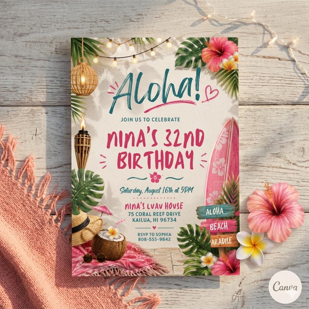 Aloha party invitation, Luau birthday, Hawaiian birthday invite, Canva Template