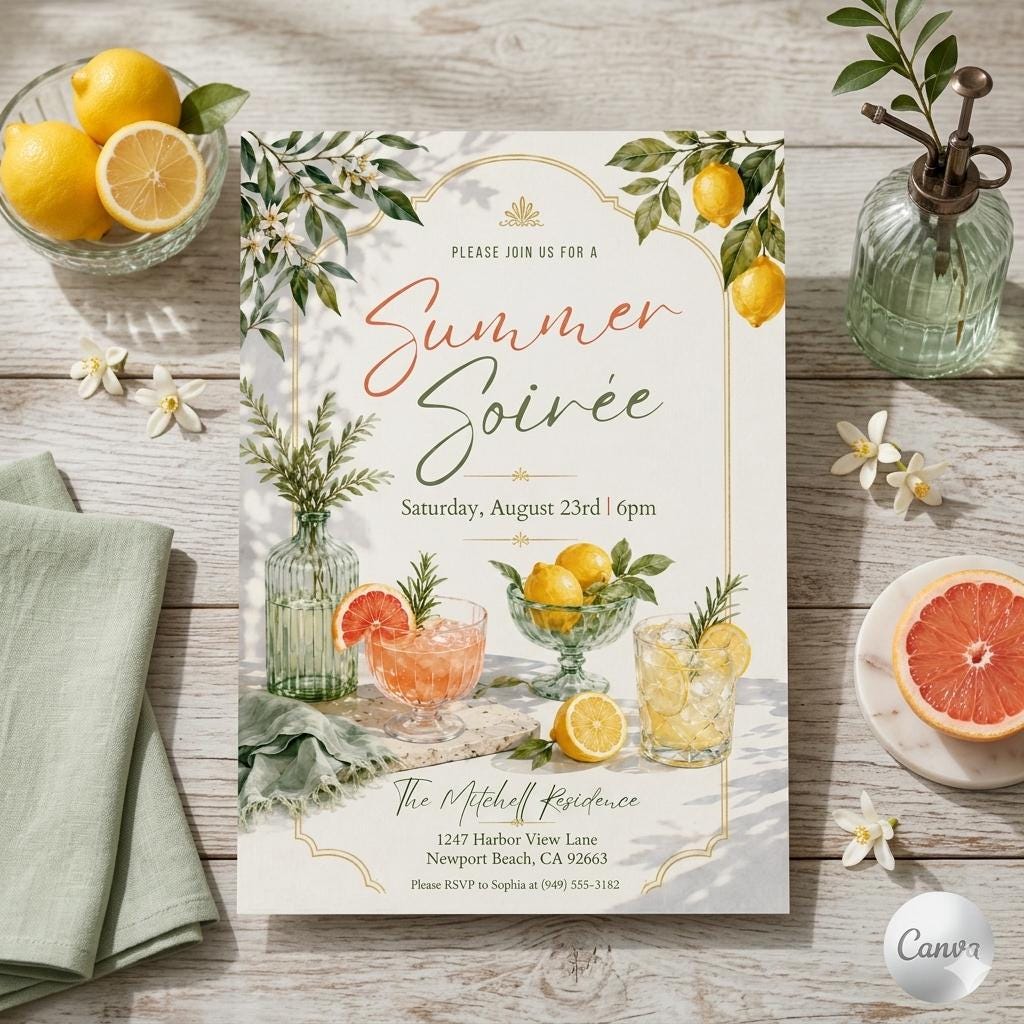 Sunset Soirée Summer Party Invitation, Summer Soiree Party Invite, Hand Drawn Summer Cocktail Drinks Party Invitation, Editable Canva