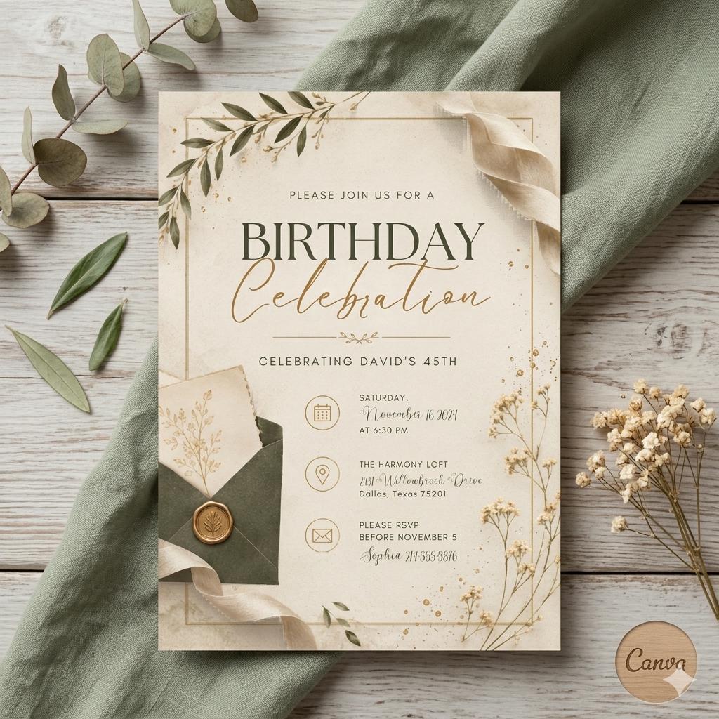 Editable Modern Black Gold Birthday Invite, Men's Digital Party Invite, Canva Celebration Design (Digital Download)