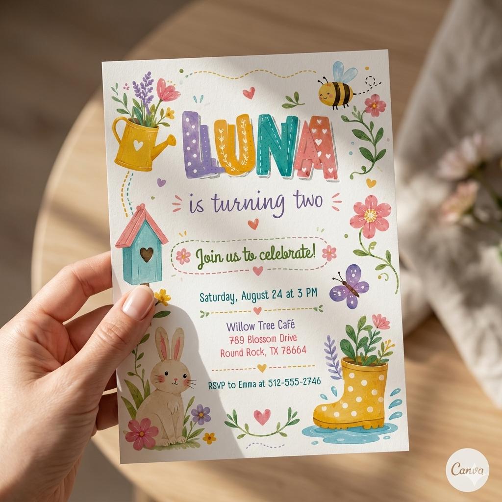 Wildflower Birthday Invitation, Floral Garden Party, Editable Canva Template (Digital Download)