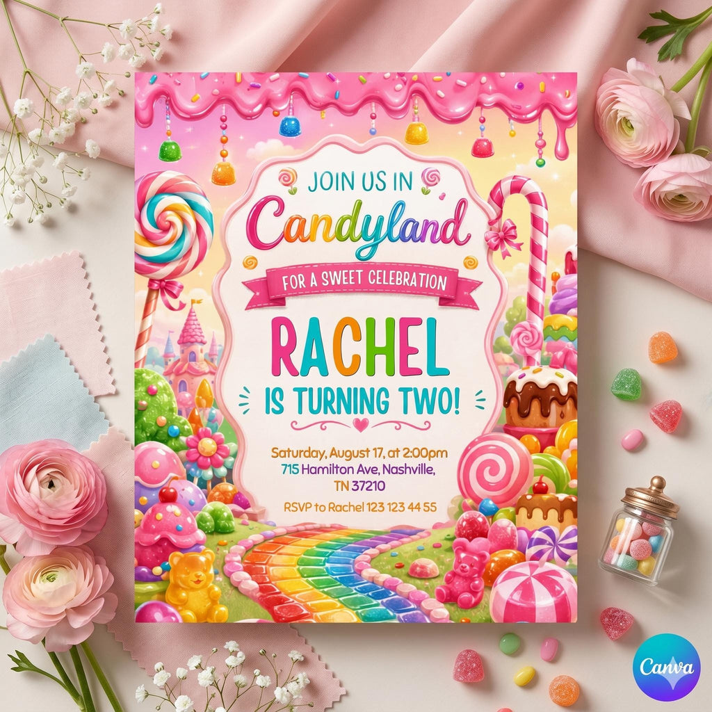 Candy Land Birthday Invitation, Editable Canva Template (Digital Download)