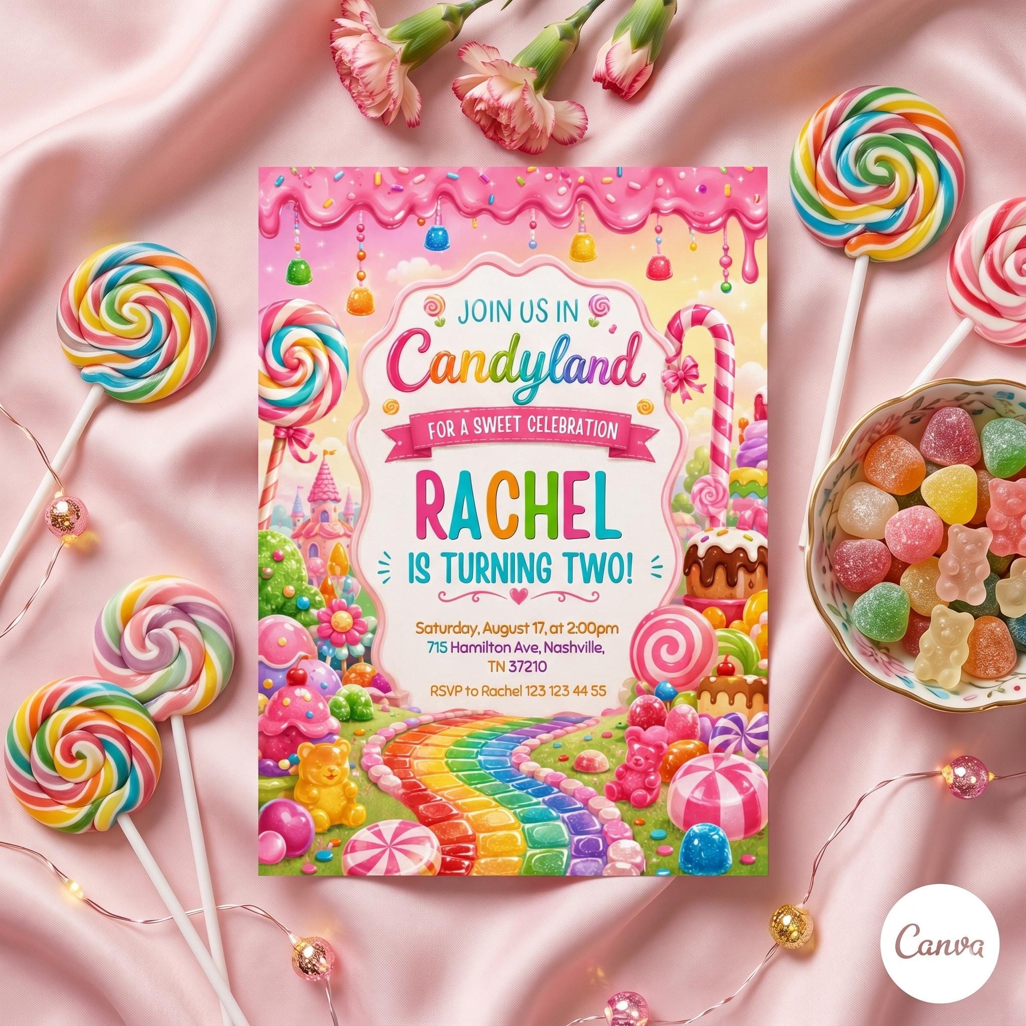 Candy Land Birthday Invitation, Editable Canva Template (Digital Download)