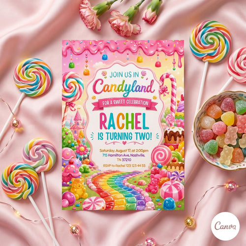 Candy Land Birthday Invitation, Editable Canva Template (Digital Download)
