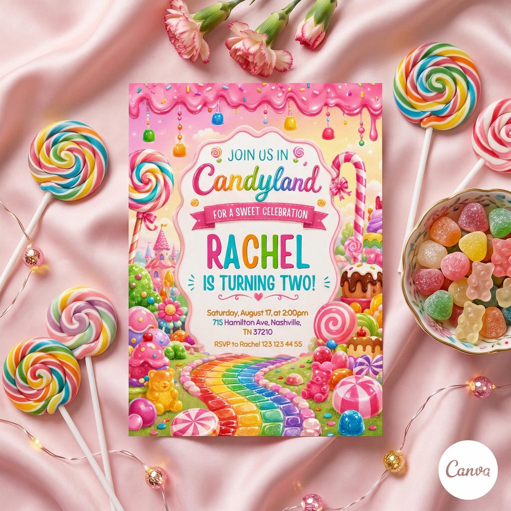 Candy Land Birthday Invitation, Editable Canva Template (Digital Download)