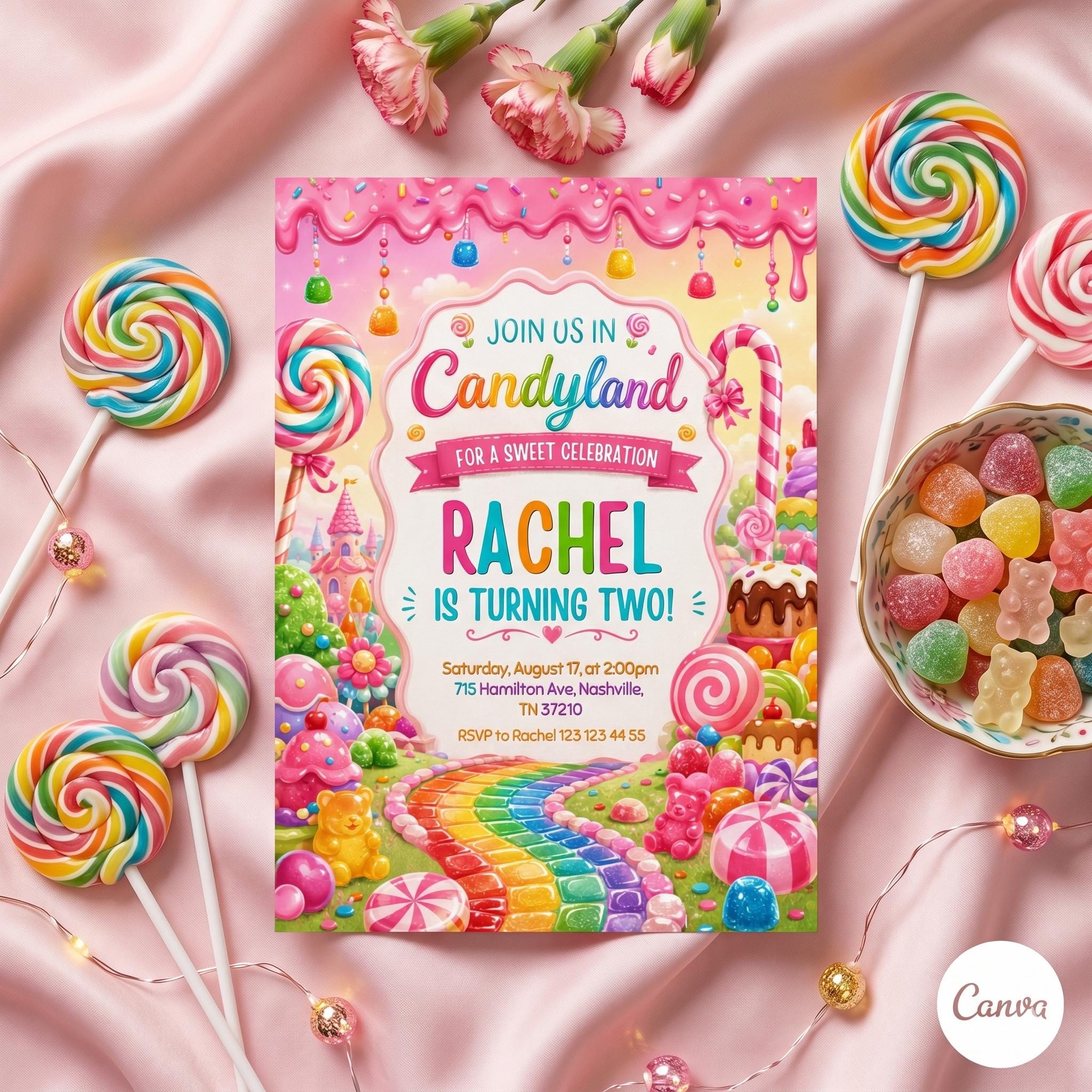 Candy Land Birthday Invitation, Editable Canva Template (Digital Download)
