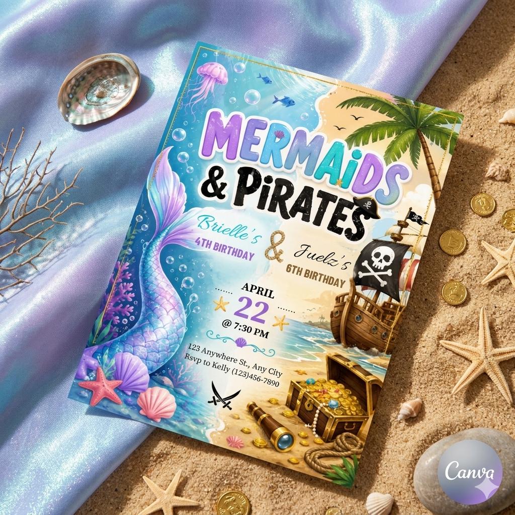 Mermaid and Pirate Birthday Invitation | Sibling Party Invite | Editable Joint Birthday Template