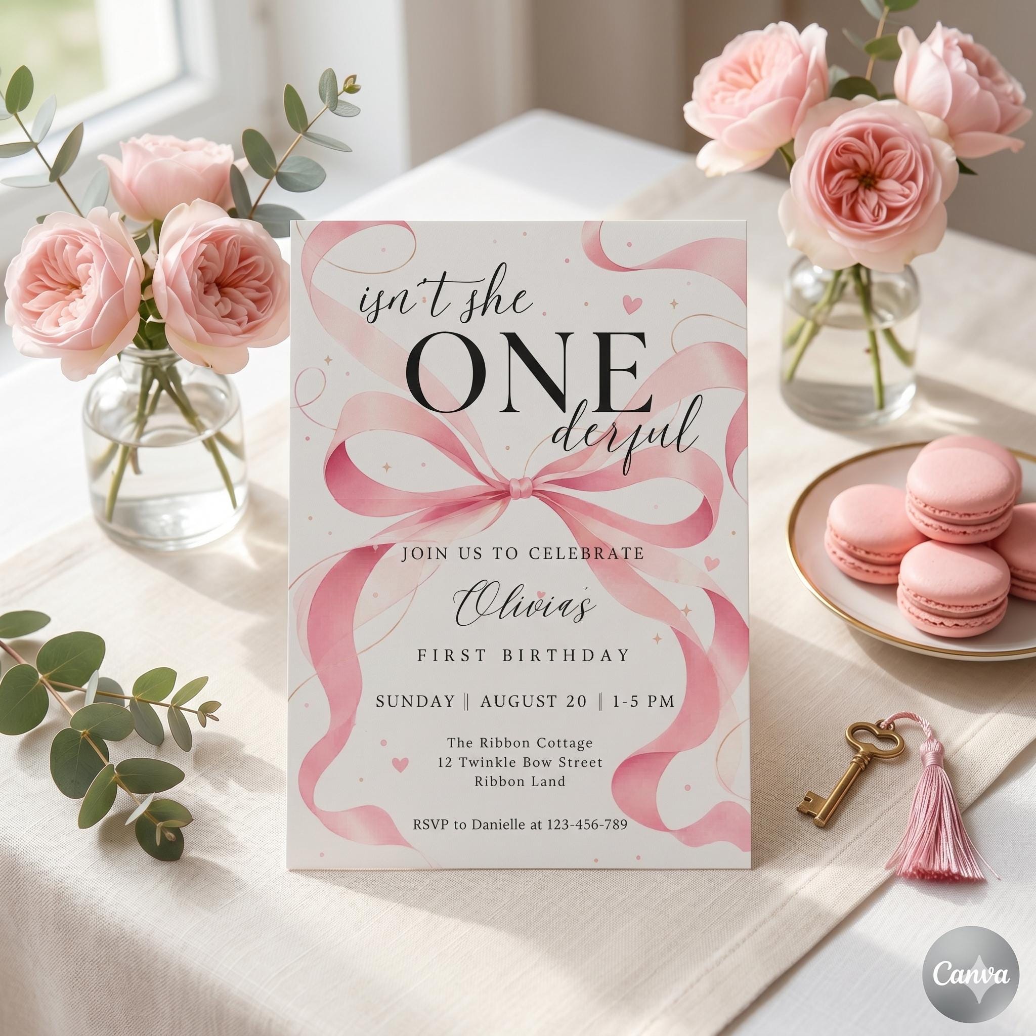 Isn't She One-derful – First Birthday Invitation, Pink Coquette Ribbon Party Invite (Digital Download)