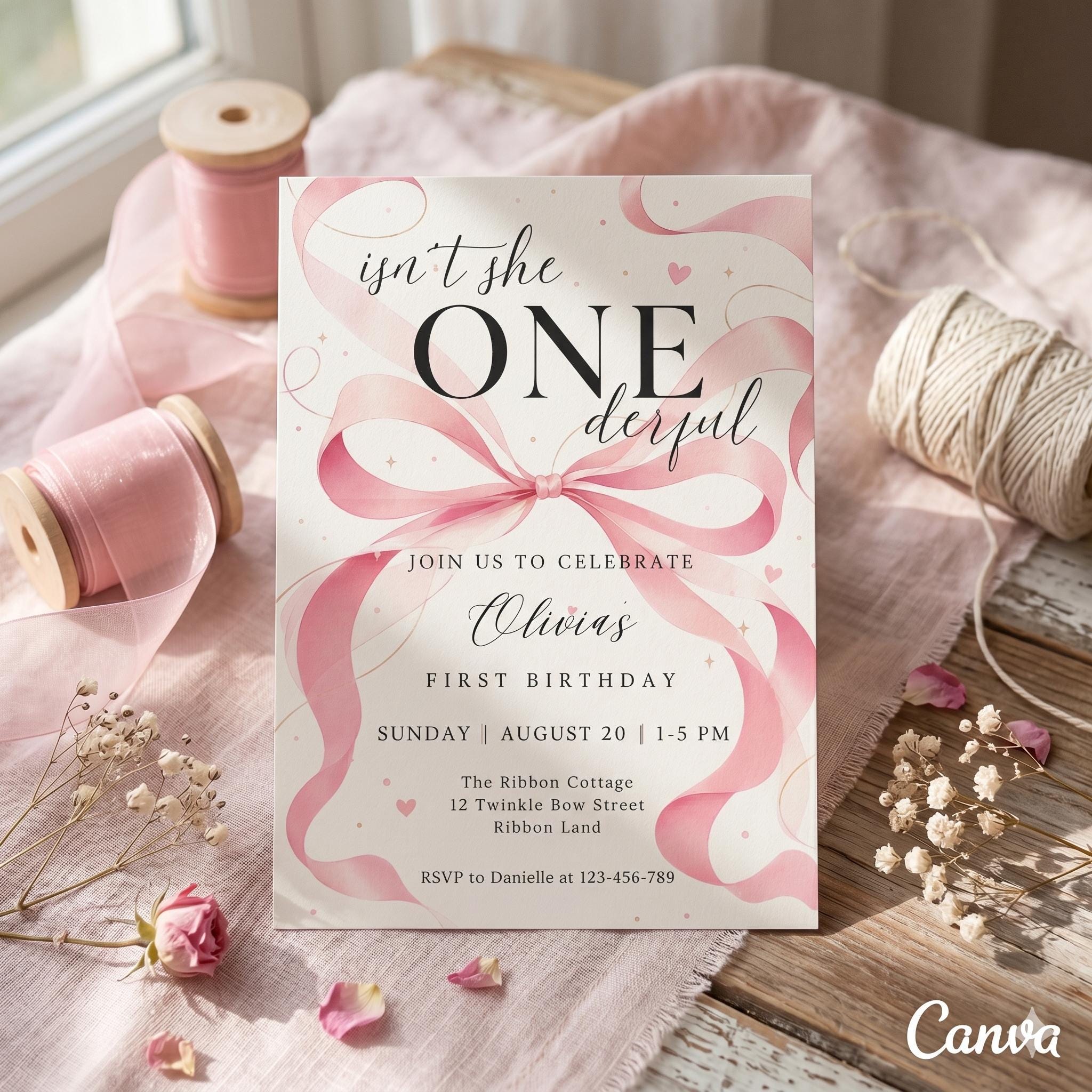Isn't She One-derful – First Birthday Invitation, Pink Coquette Ribbon Party Invite (Digital Download)