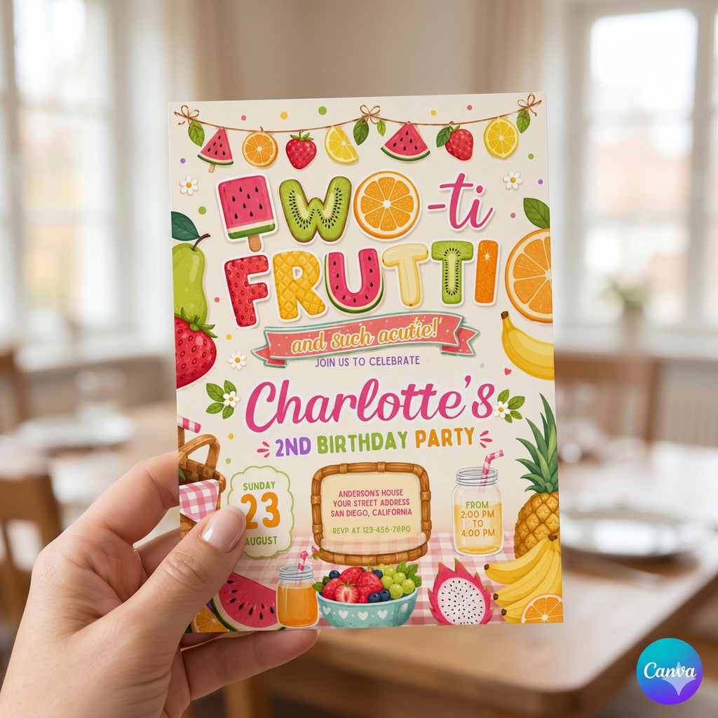 Two-tti Frutti Birthday Invitation, Two-tti Frutti 2nd Birthday Invite, Fruit Party Invitation, Two-tti Frutti Invites, Canva Template