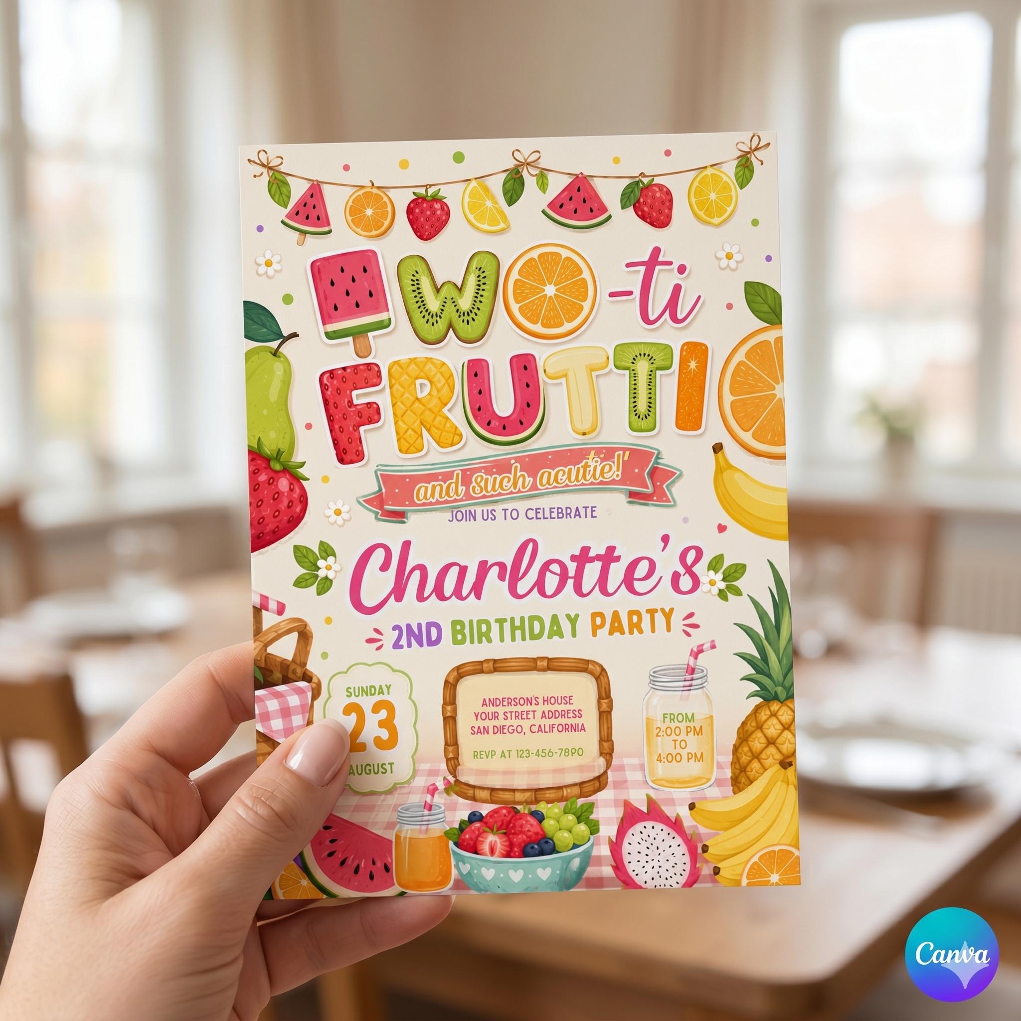 Two-tti Frutti Birthday Invitation, Two-tti Frutti 2nd Birthday Invite, Fruit Party Invitation, Two-tti Frutti Invites, Canva Template