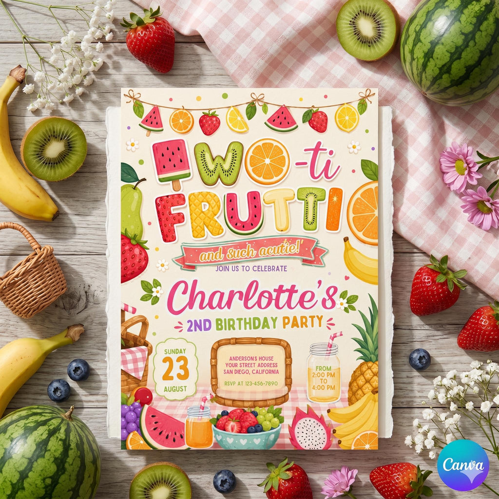 Two-tti Frutti Birthday Invitation, Two-tti Frutti 2nd Birthday Invite, Fruit Party Invitation, Two-tti Frutti Invites, Canva Template